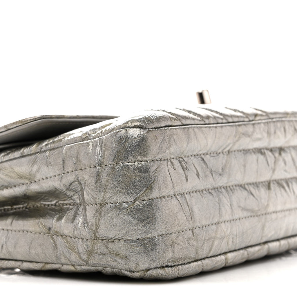Metallic Patent Crumpled Calfskin Chevron Quilted Medium Double Flap Silver
