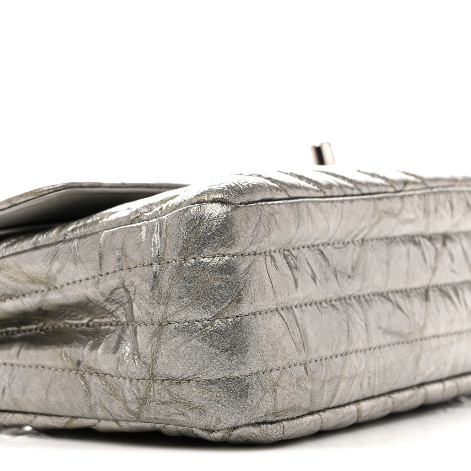 Metallic Patent Crumpled Calfskin Chevron Quilted Medium Double Flap Silver