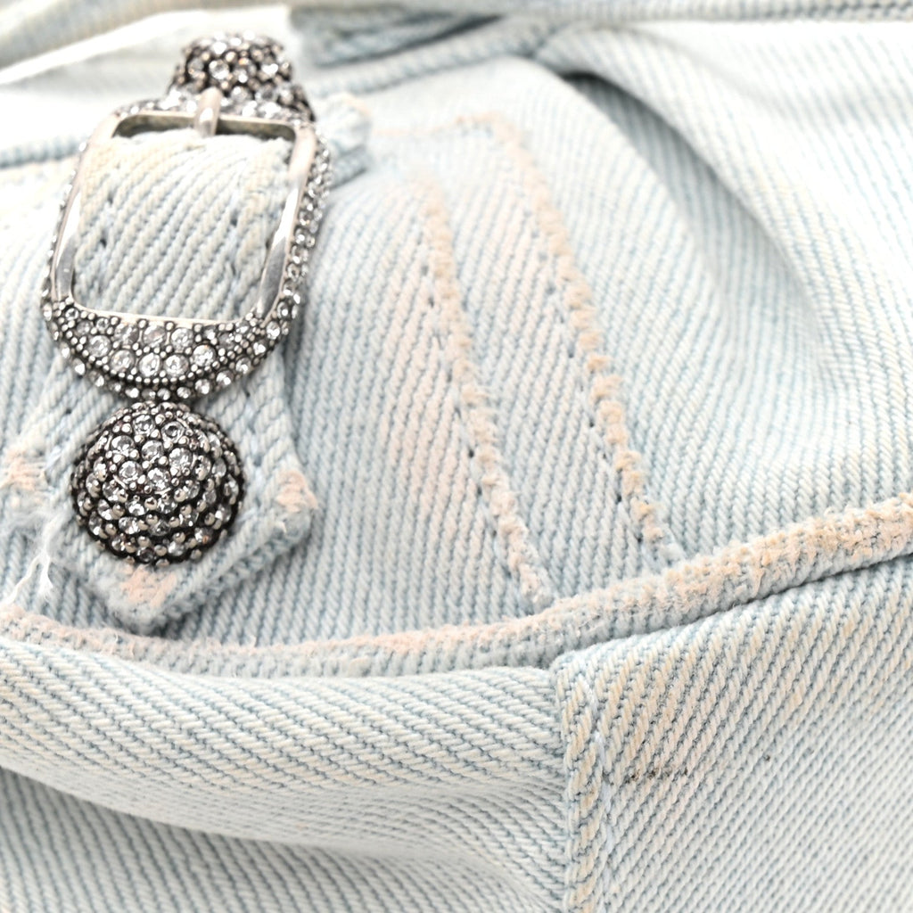 Washed Frayed Denim Crystal XS Le Cagole Shoulder Bag Pale Blue