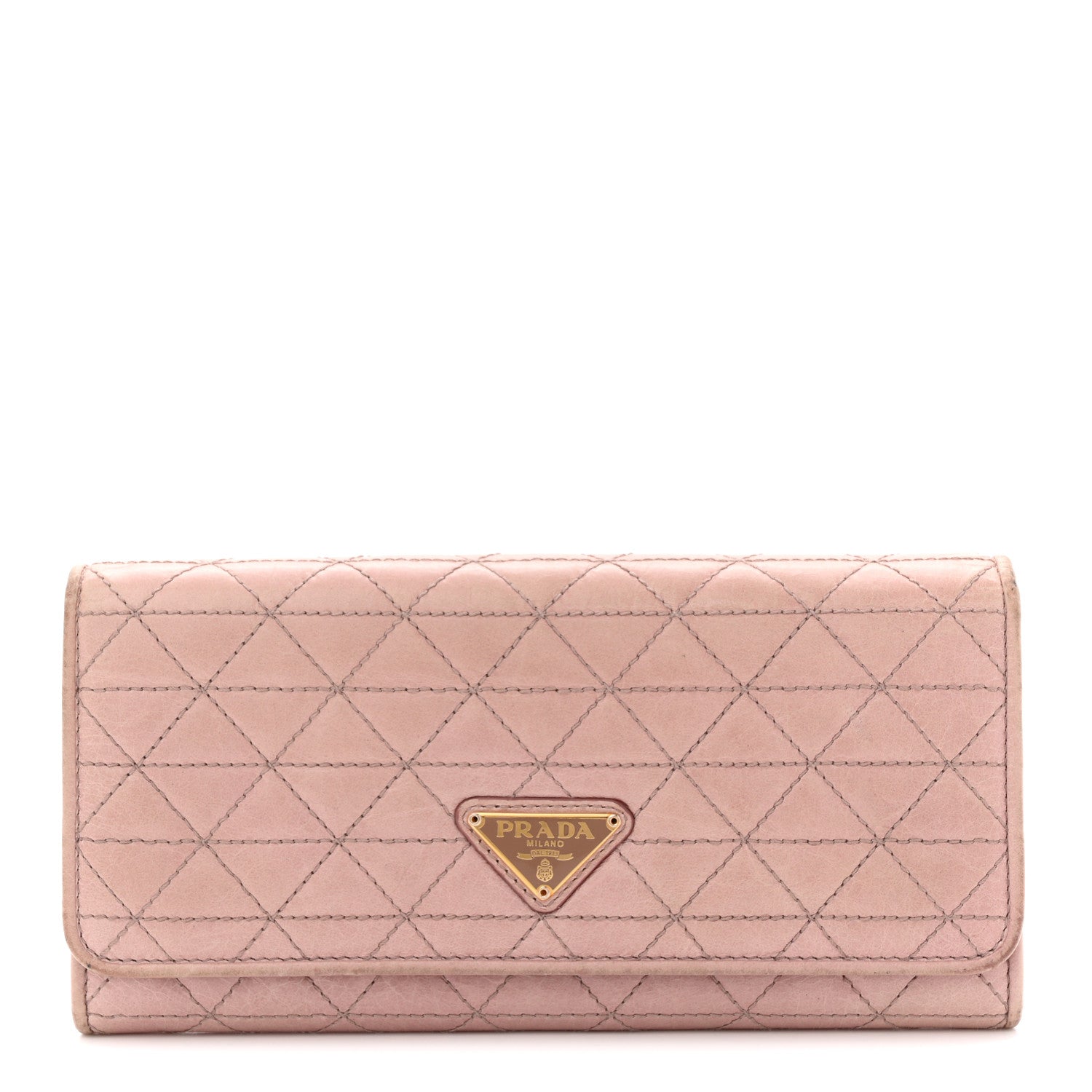 Glossy Calfskin Triangle Quilted Triangle Continental Flap Wallet Light Pink