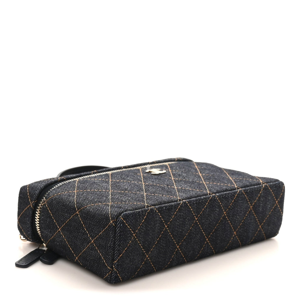 Denim Quilted Top Handle Slim Vanity Case With Chain Dark Blue Orange