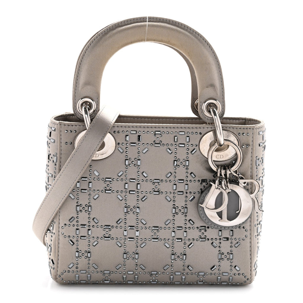 Satin Crystal Cannage Mini Lady Dior Gray