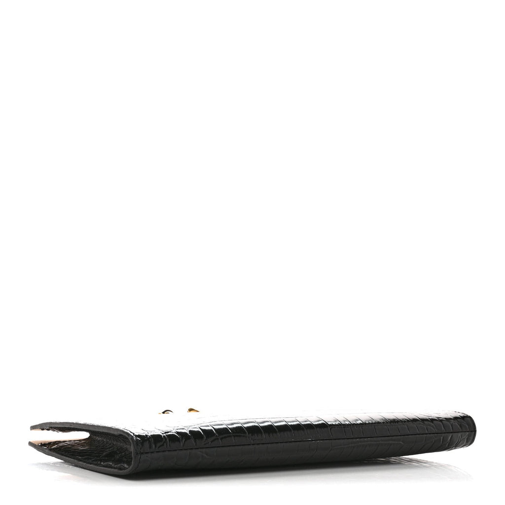 Calfskin Crocodile Embossed Knuckle Flat Clutch Black Gold