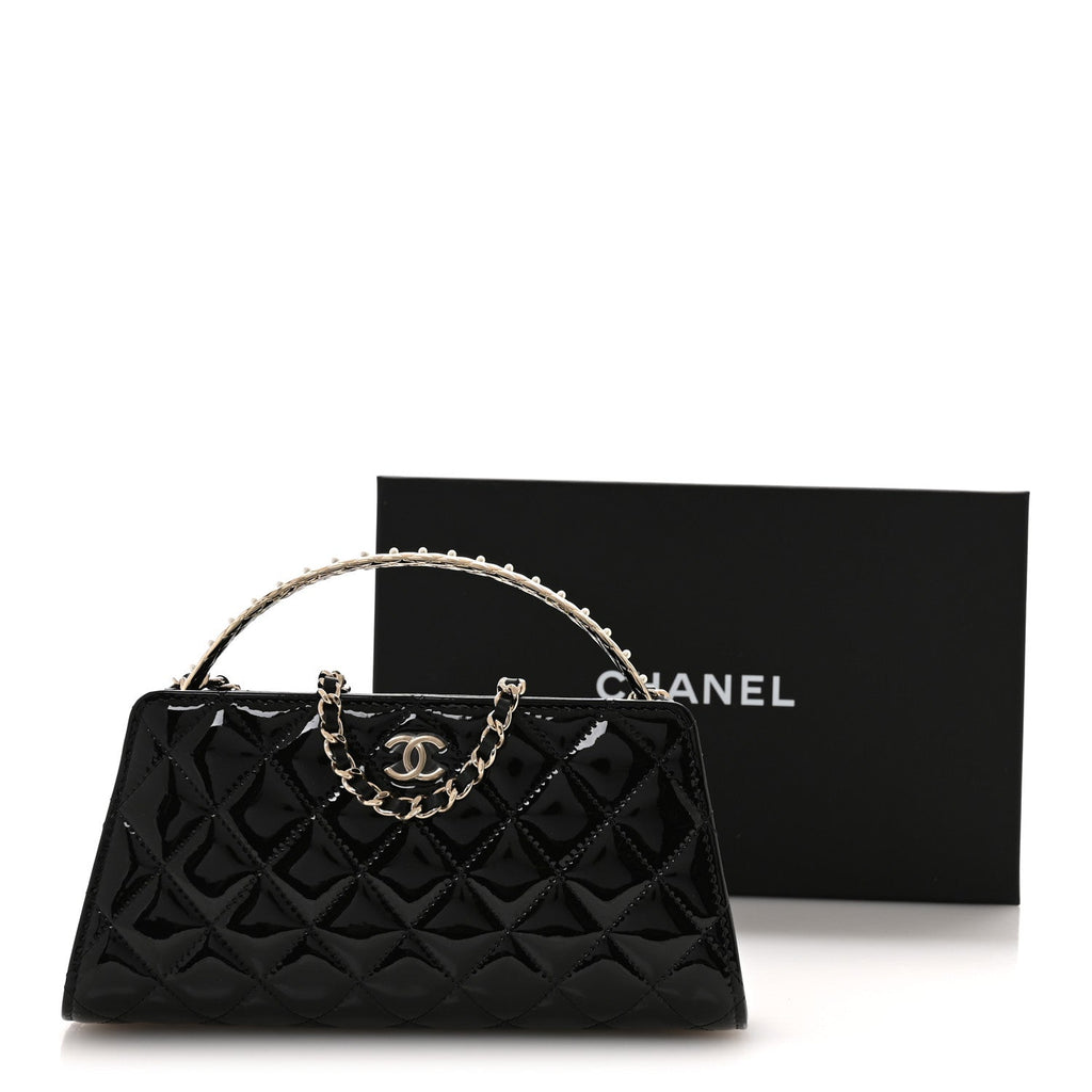 Patent Calfskin Quilted Pearl Clutch With Chain Black