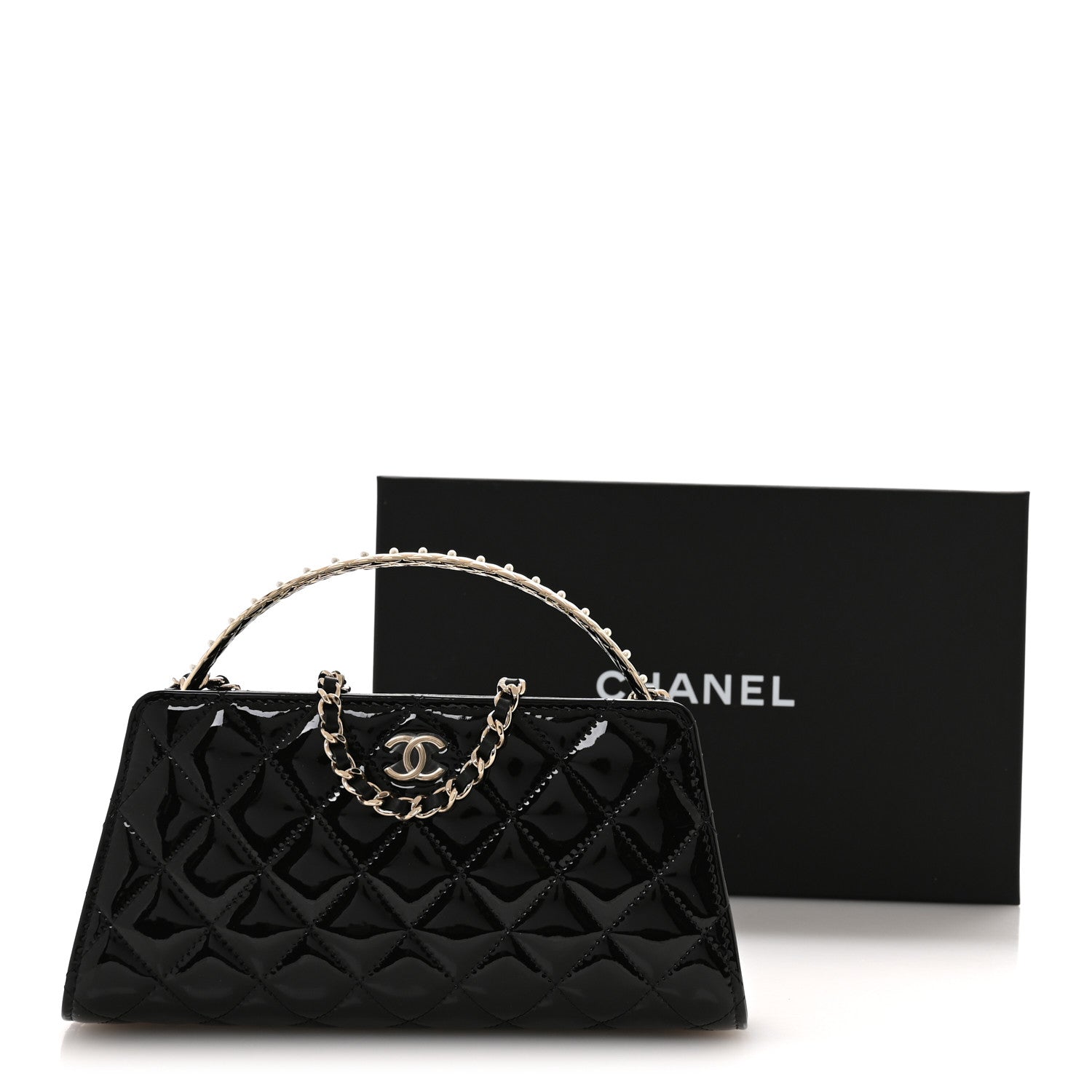 Patent Calfskin Quilted Pearl Clutch With Chain Black
