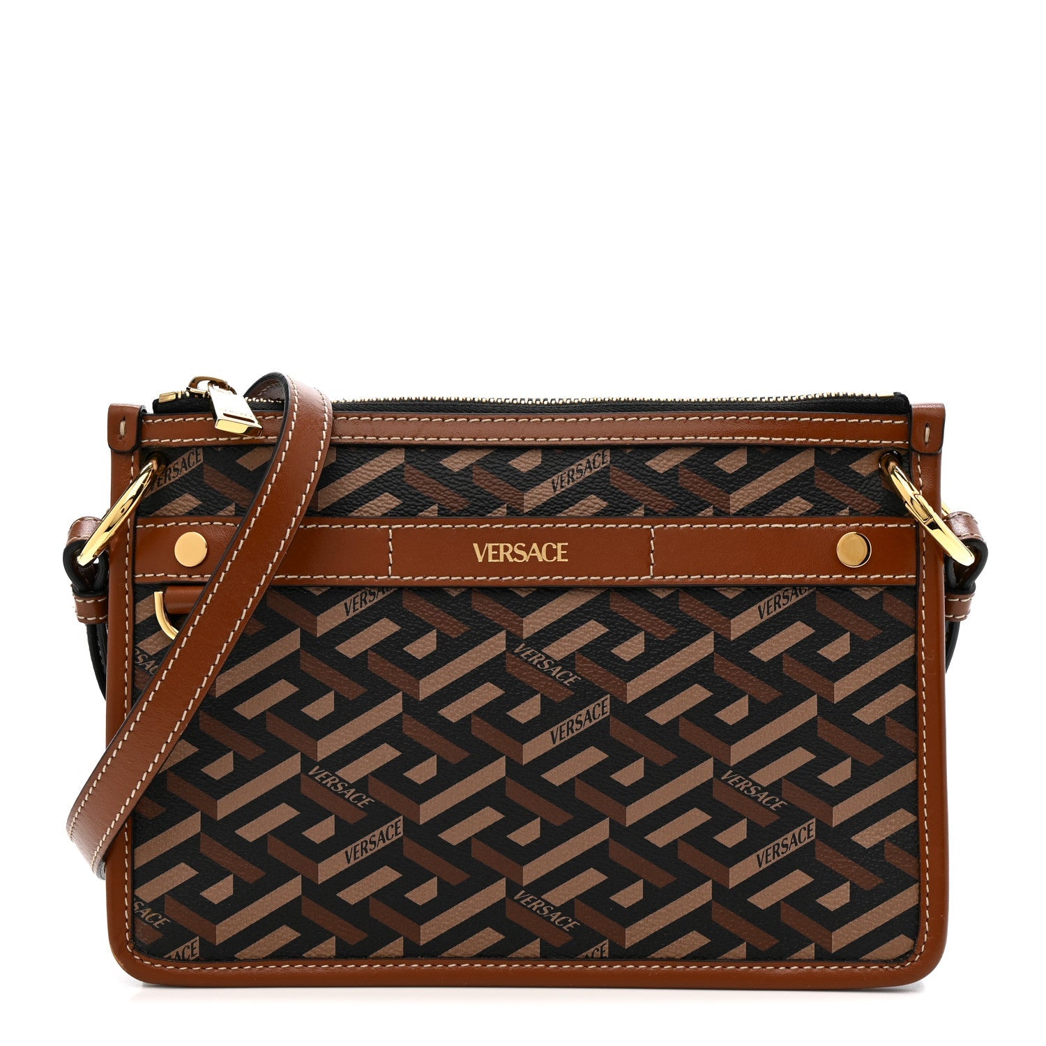 Coated Canvas Medium La Greca Signature Pouch Black Caramel