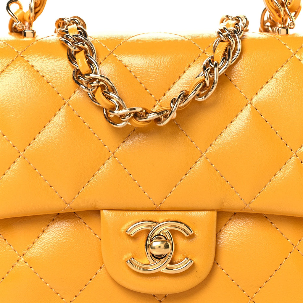 Shiny Lambskin Quilted Golden Links Top Handle Flap Yellow