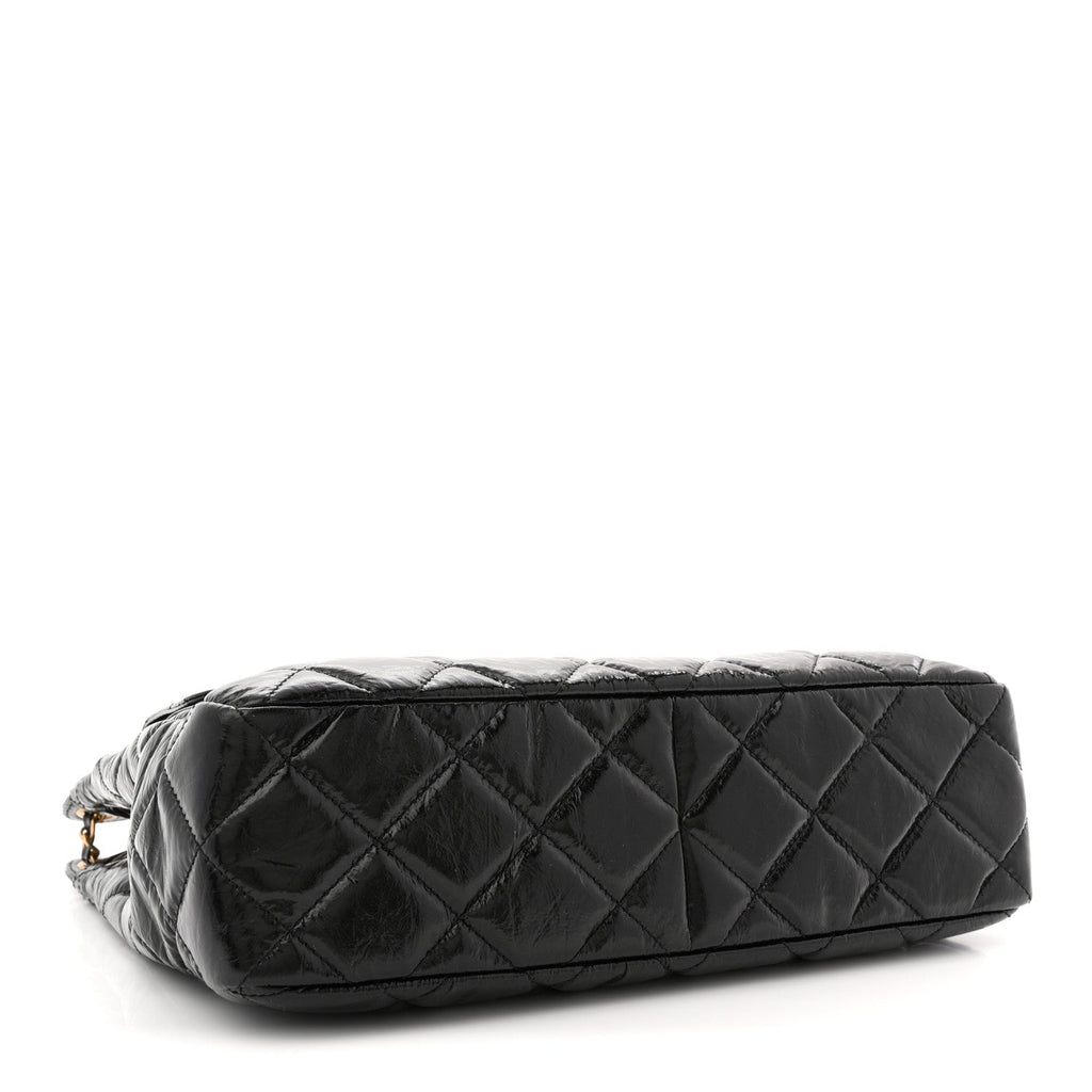 Shiny Crumpled Calfskin Quilted Large Wavy CC Hobo Black