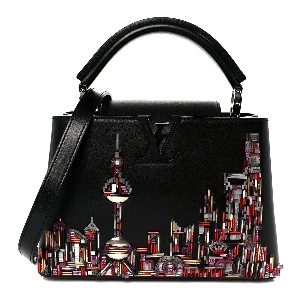 Calfskin Karung Beaded Shanghai Skyline Capucines BB Black