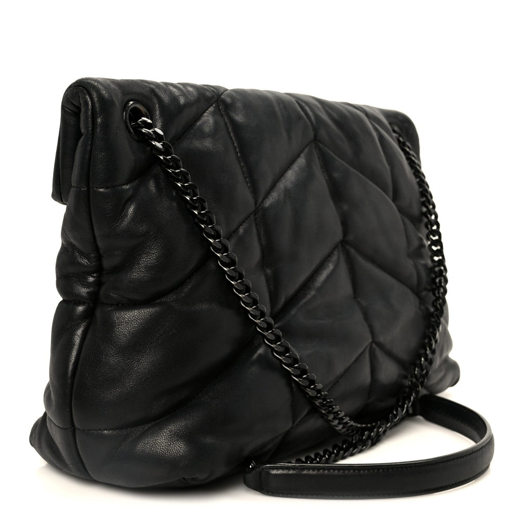 Lambskin Quilted Monogram Monochrome Medium Loulou Puffer Chain Satchel Black