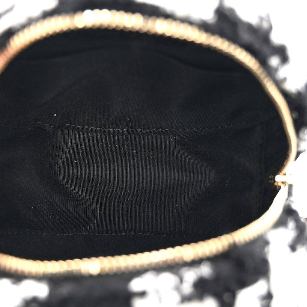 Wool Tweed Lambskin Quilted Round Clutch With Chain and Coin Purse Black White
