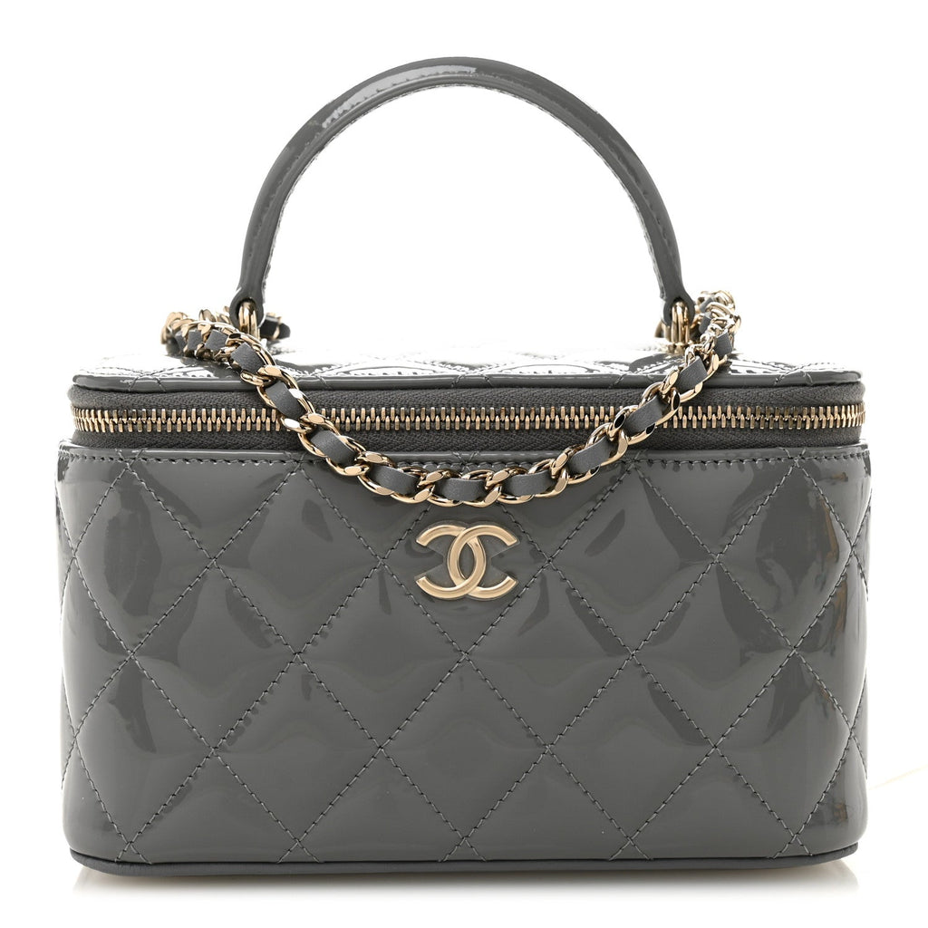 Patent Quilted Quilted Small Top Handle Vanity Case With Chain Grey
