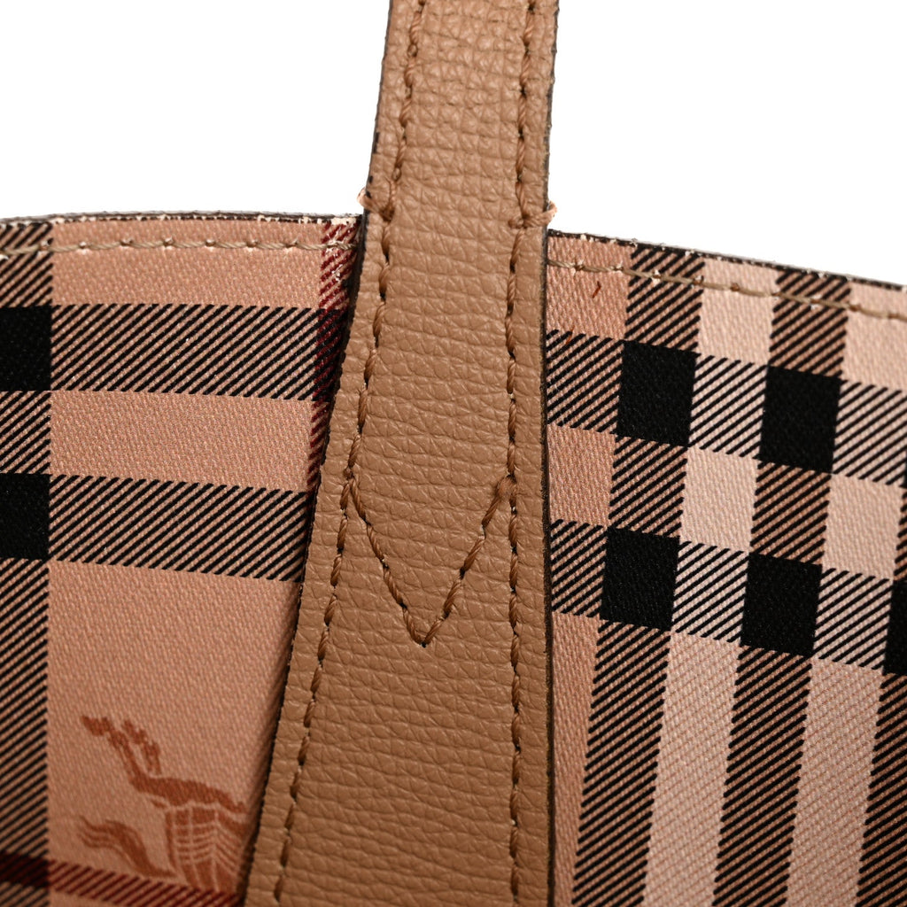 Grainy Calfskin Haymarket Check Small Reversible Tote Mid Camel