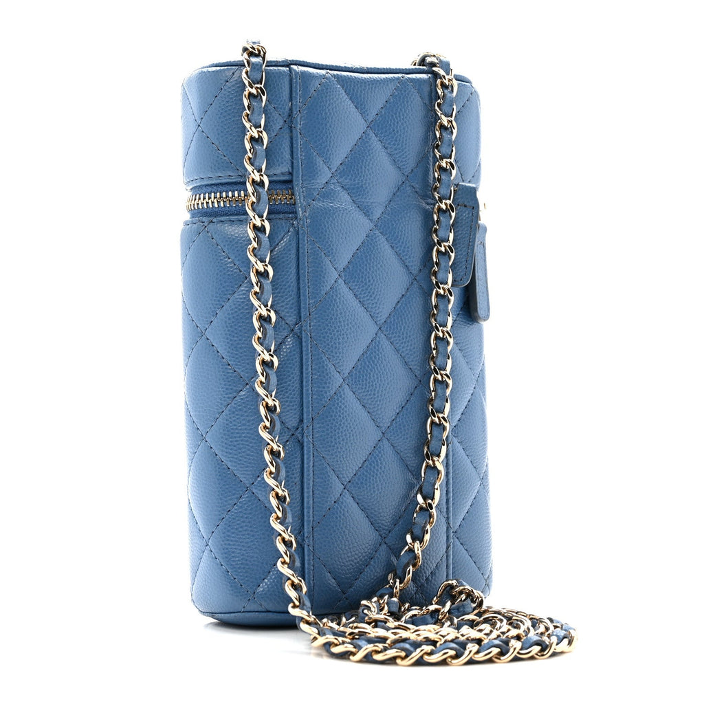 Caviar Quilted Phone Holder With Chain Blue