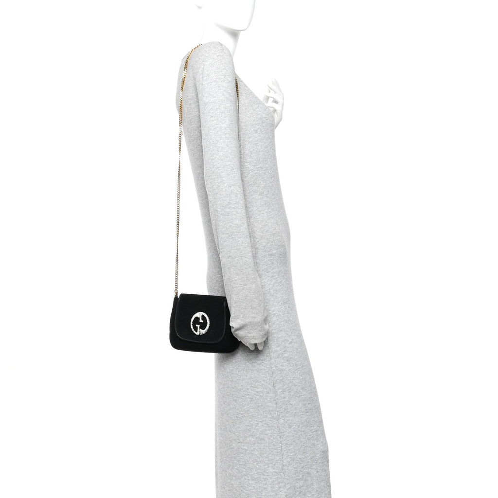 Suede Crystal 1973 Small Chain Shoulder Bag Black