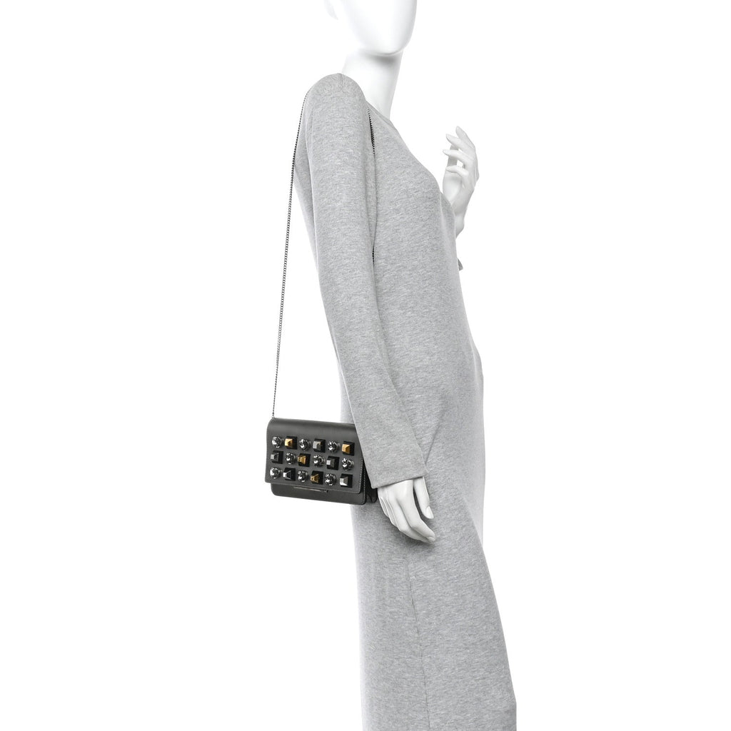 Glossy Calfskin Crystal Studded Tube Wallet On Chain Graphite