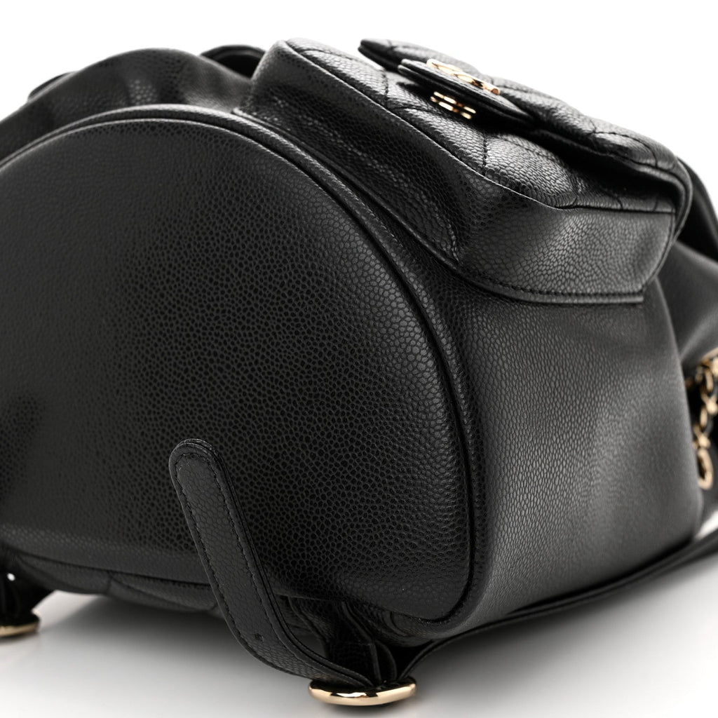 Shiny Caviar Quilted Medium Duma Pockets Drawstring Backpack Black