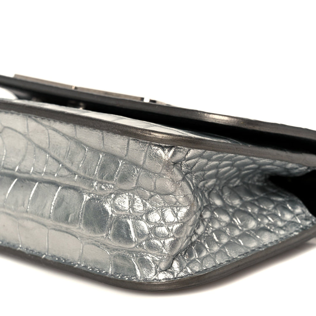 Metallic Extra Supple Calfskin Crocodile Embossed Gossip Wallet On Chain Silver