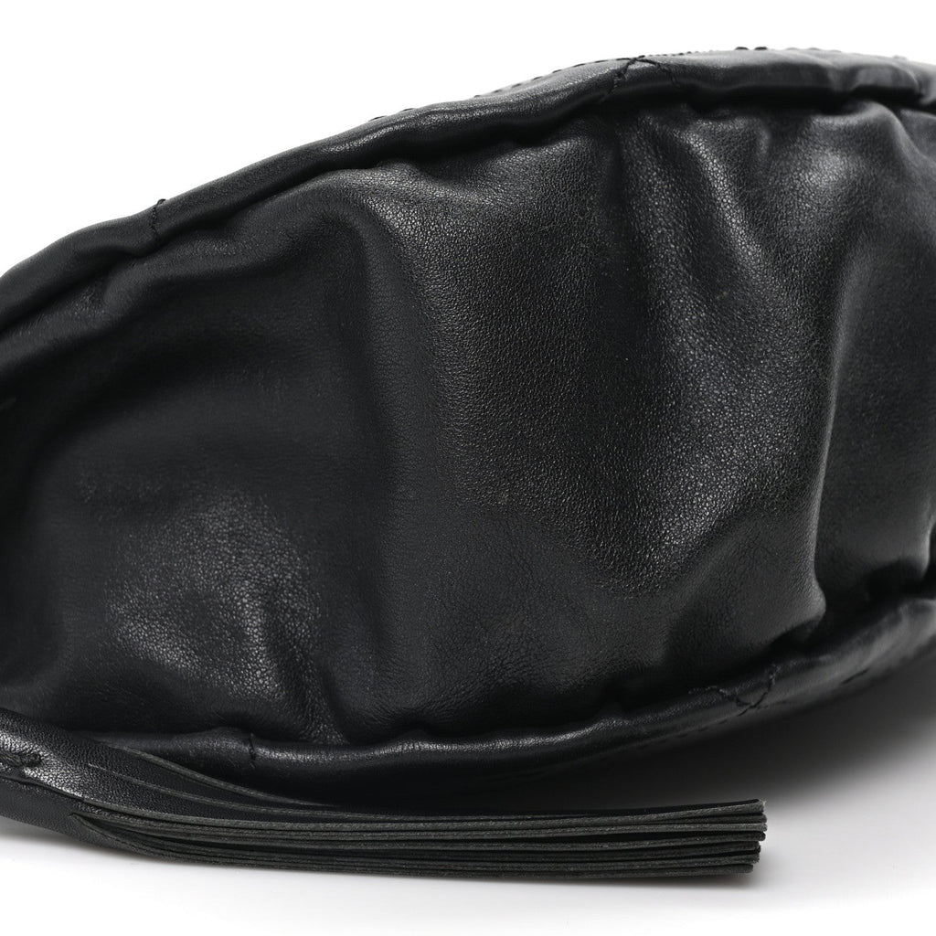 Lambskin Stitched Chocolate Bar Chain Fringe Hobo Black