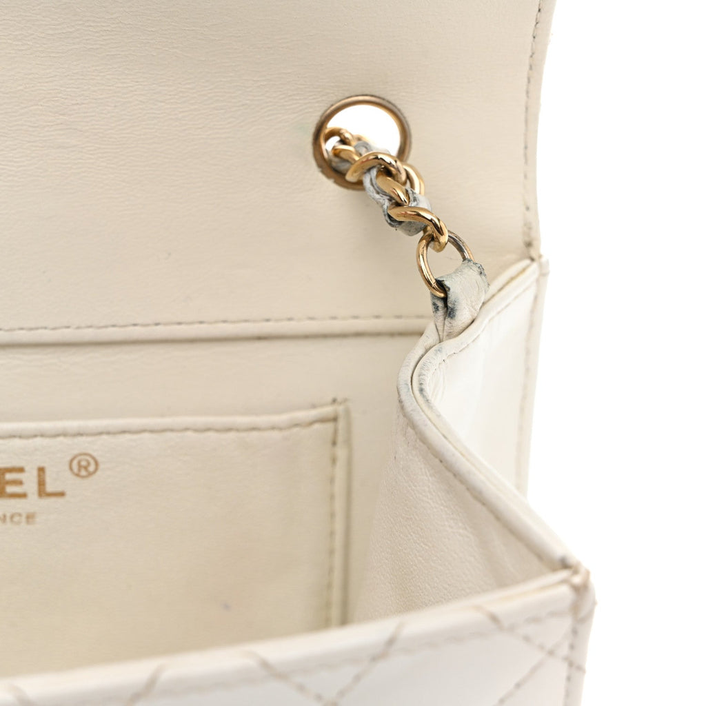 Glazed Calfskin Quilted Small Flap White