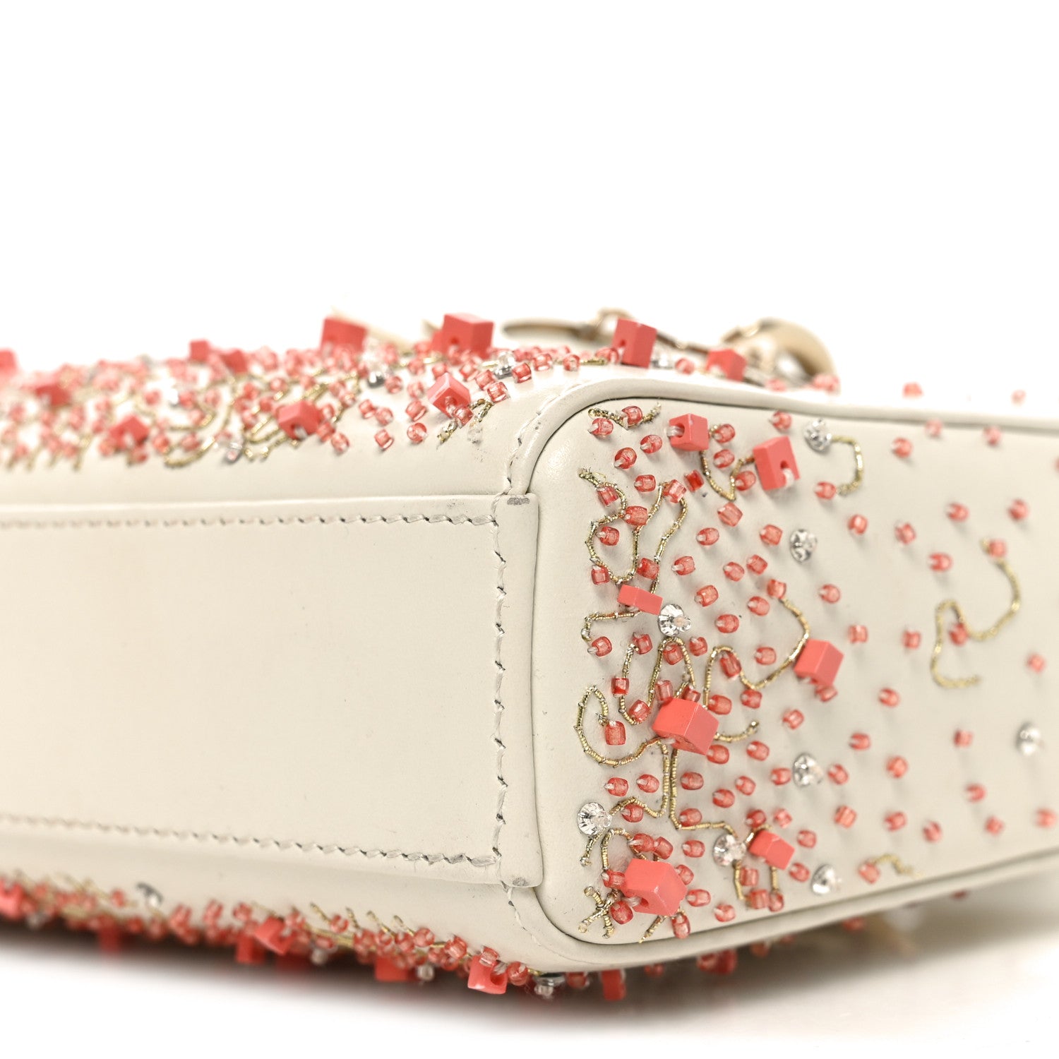 Calfskin Embroidered Small Lady D-Joy White Multicolor