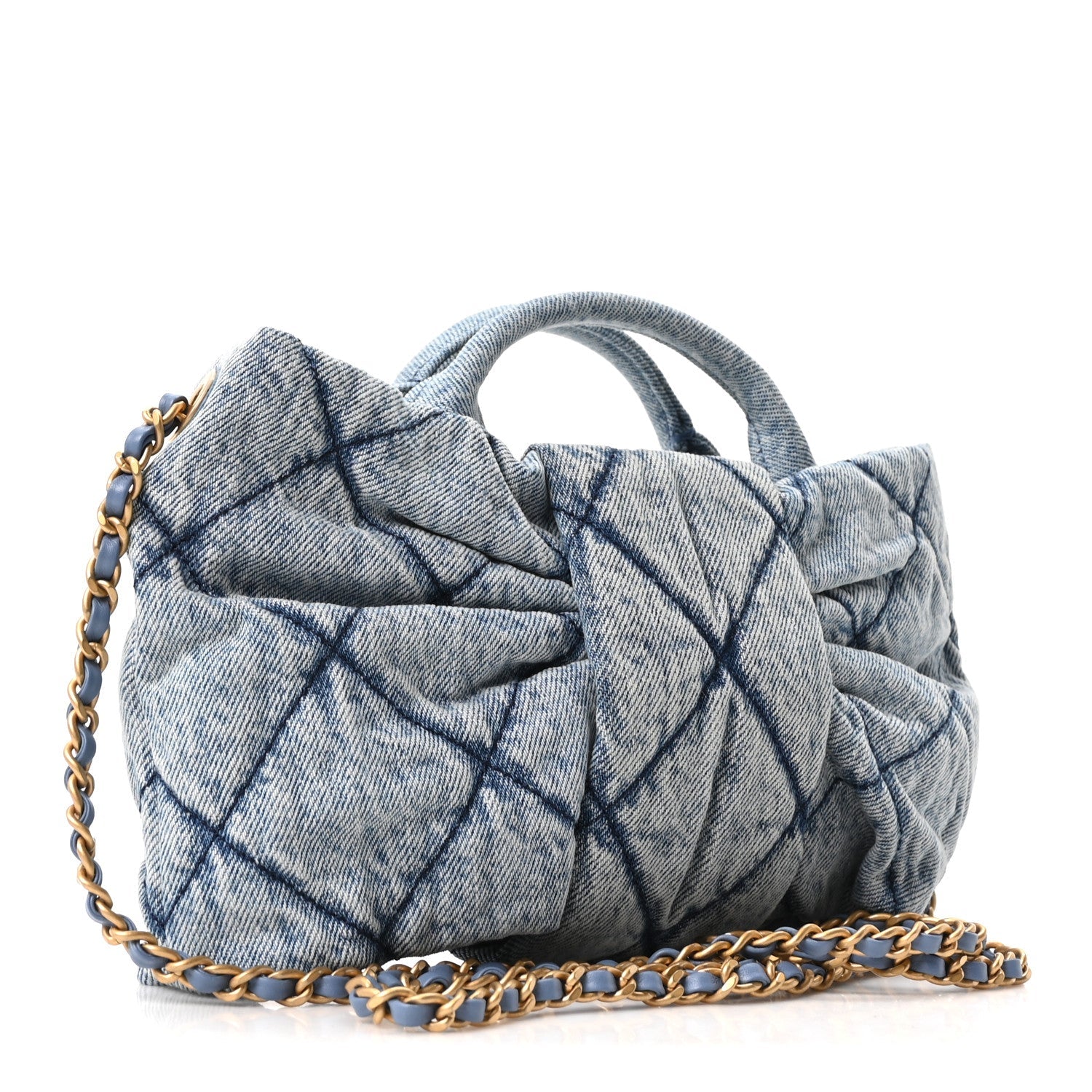 Washed Denim Quilted Mini Bow Bag Blue