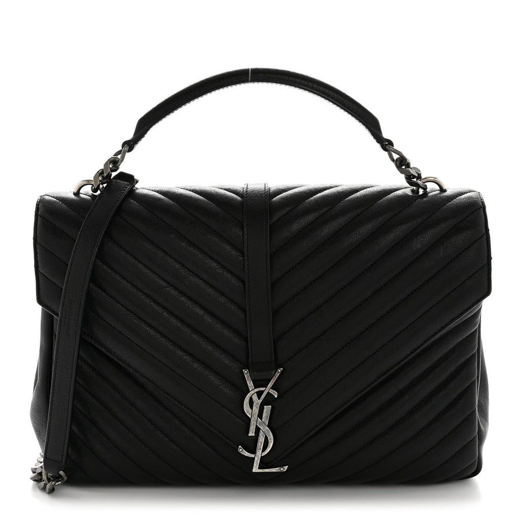 Sheepskin Matelasse Chevron Monogram Large College Satchel Black