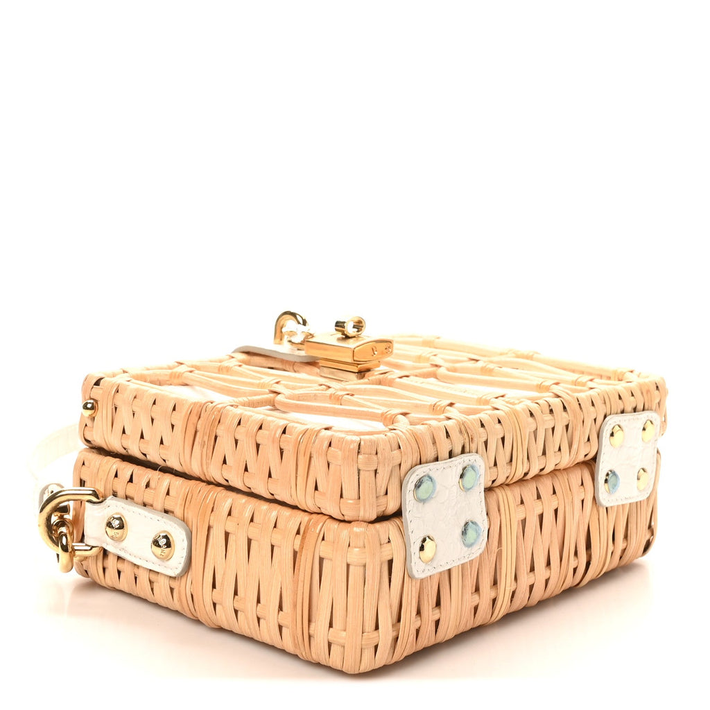 Wicker Calfskin Box Top Handle Bag White