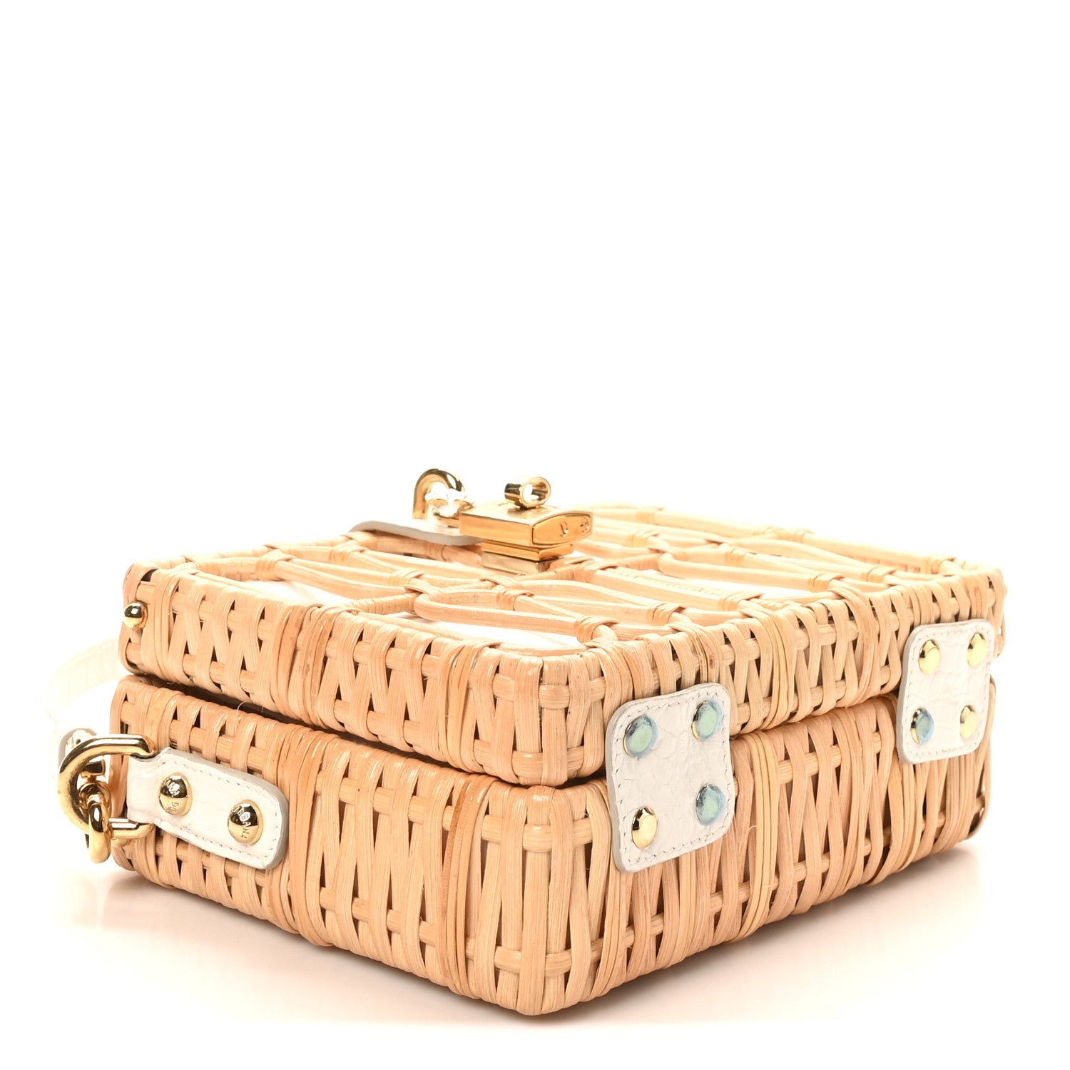 Wicker Calfskin Box Top Handle Bag White