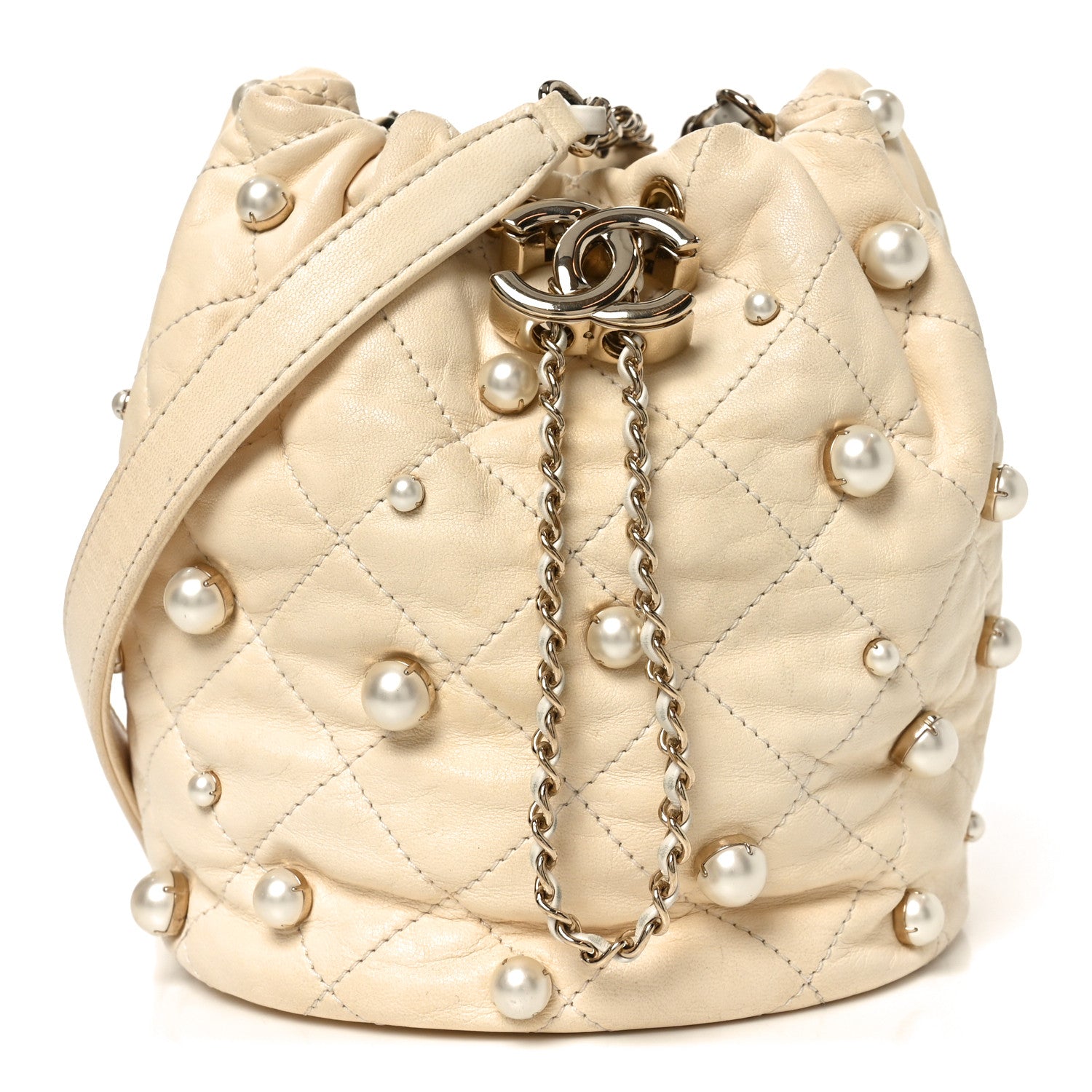 Lambskin Quilted Pearl Mini About Pearls Drawstring Bag White