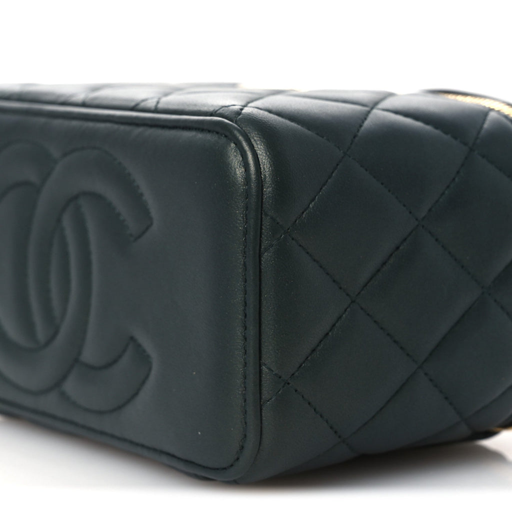Iridescent Lambskin Quilted Small Top Handle Vanity Case With Chain Green
