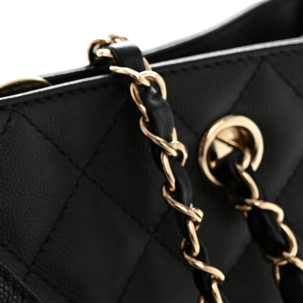Caviar Quilted Small Shopping Tote  Black