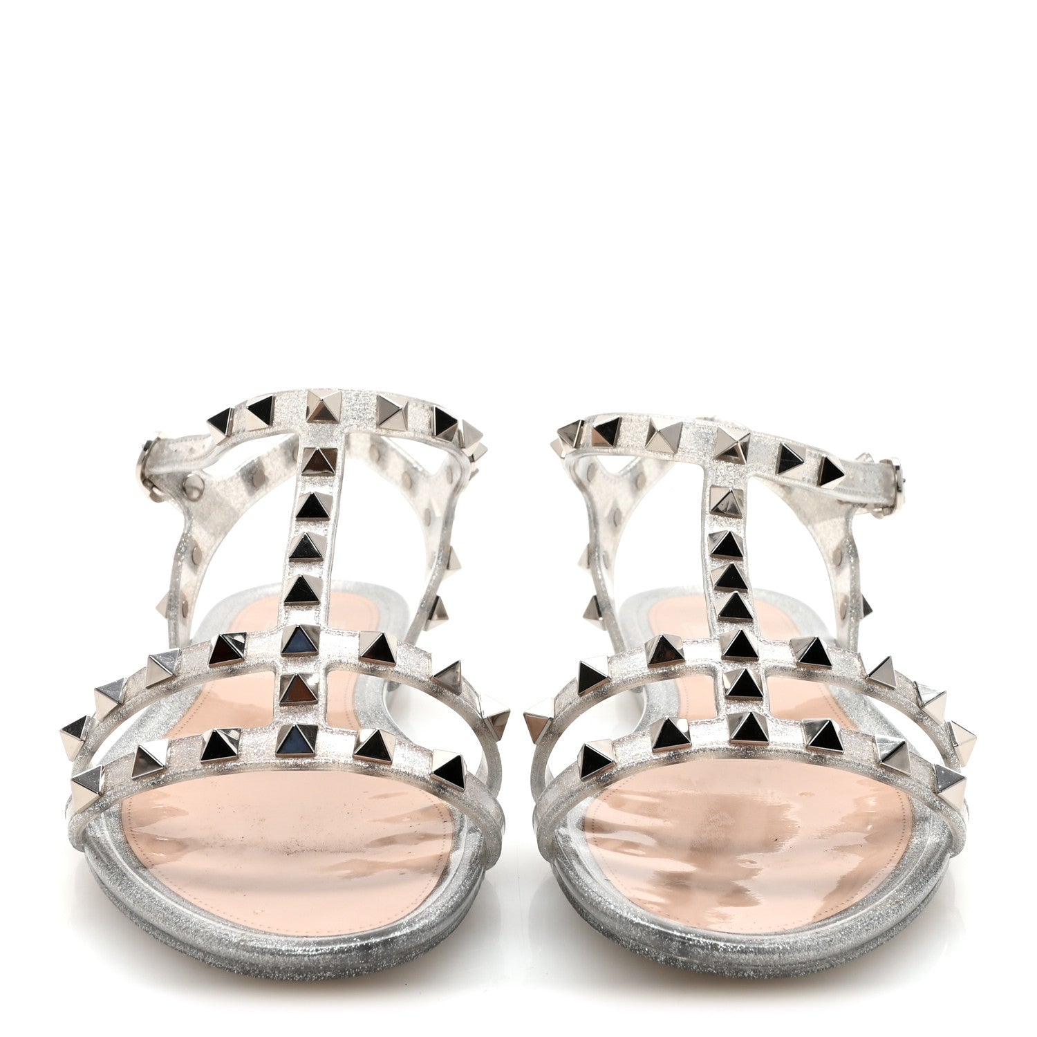 PVC Jelly Glitter Rockstud Caged Flat Thong Sandals 36 Silver