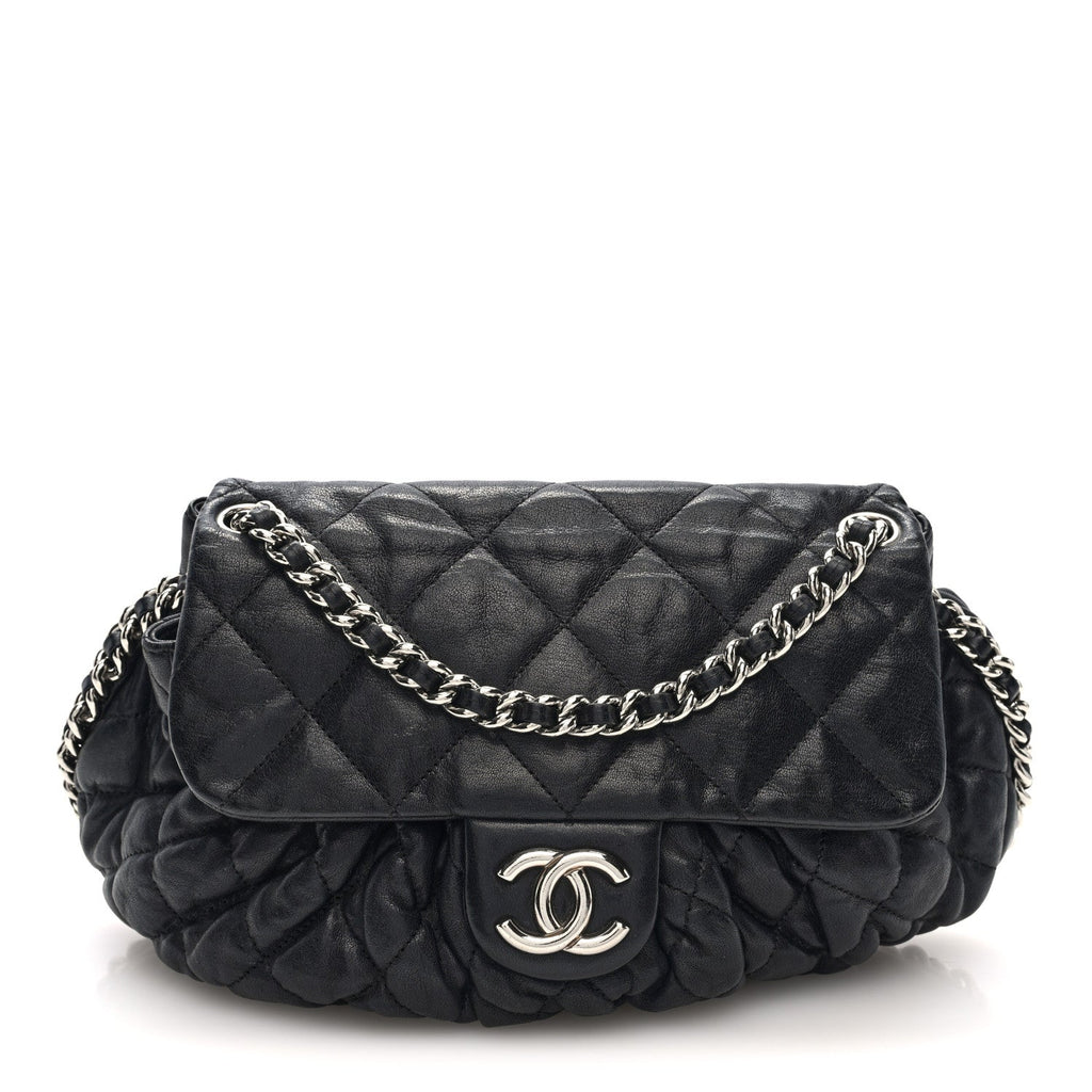 Washed Lambskin Quilted Medium Chain Around Messenger Black
