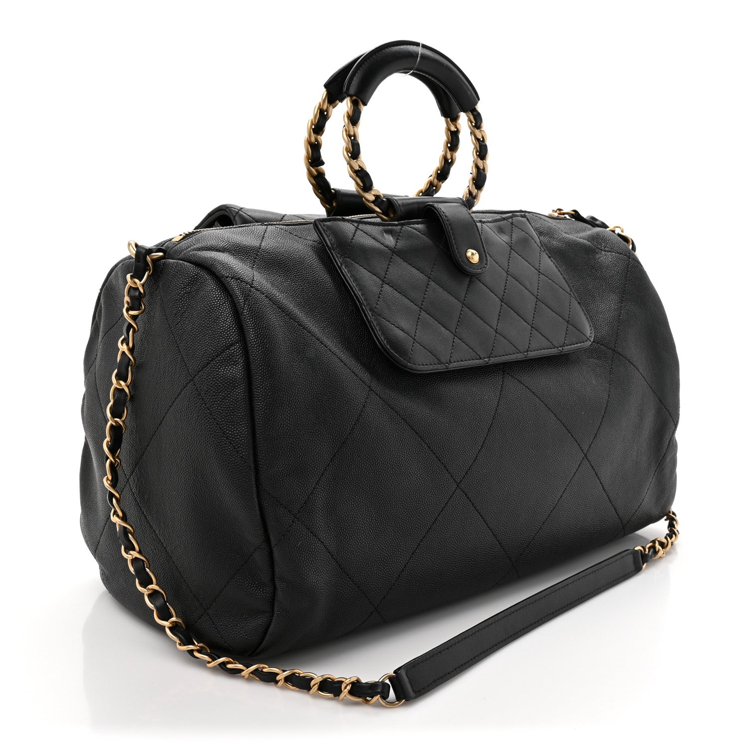 Grained Calfskin Lambskin Quilted Large Bowling Bag Black