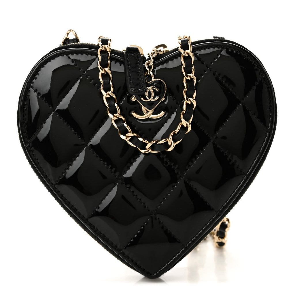 Patent Calfskin Resin Quilted CC Heart Clutch With Chain Black