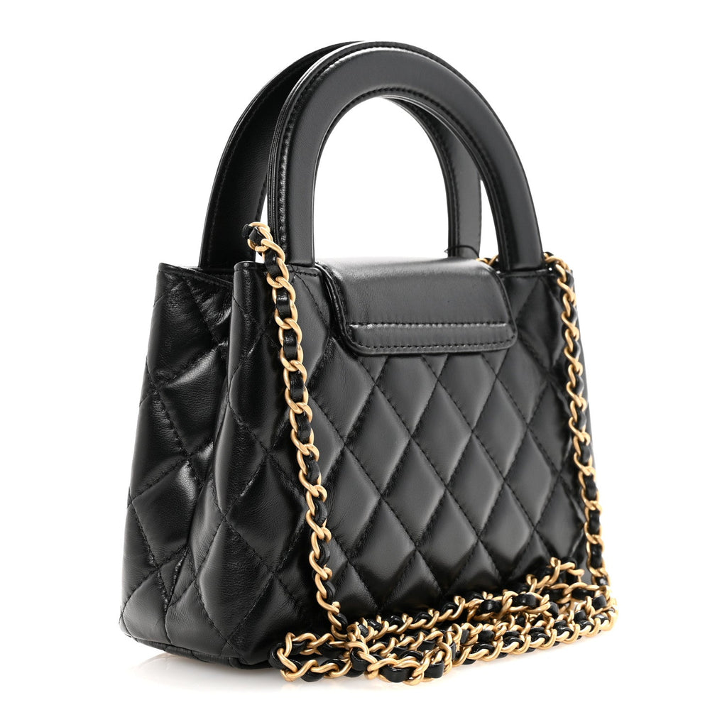 Shiny Aged Calfskin Quilted Nano Kelly Shopper Black