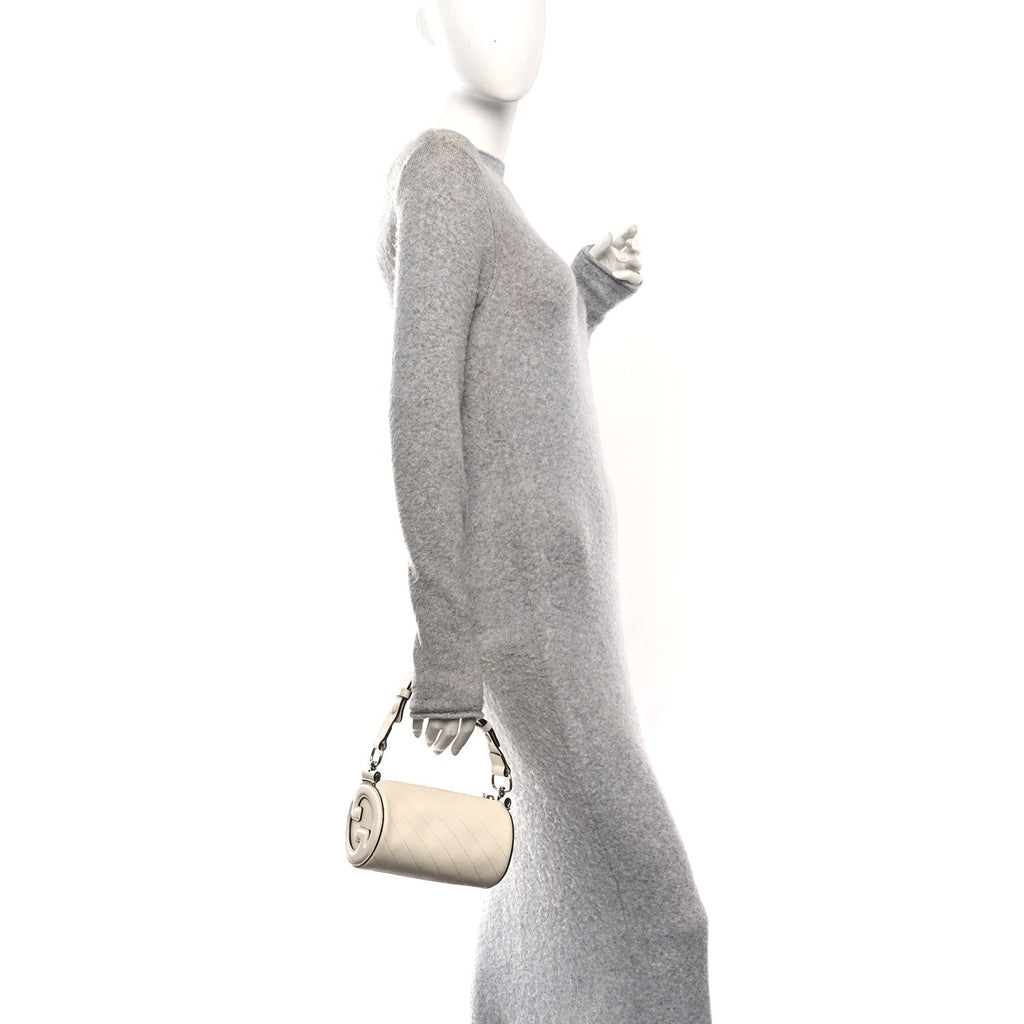Sakai Be Green Calfskin Diagonal Stitched Mini Blondie Barrel Shoulder Bag Mystic White