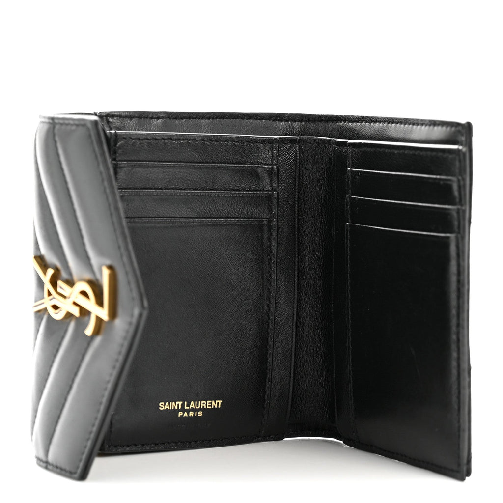 Lambskin Matelasse Chevron Monogram Compact Tri Fold Wallet Black