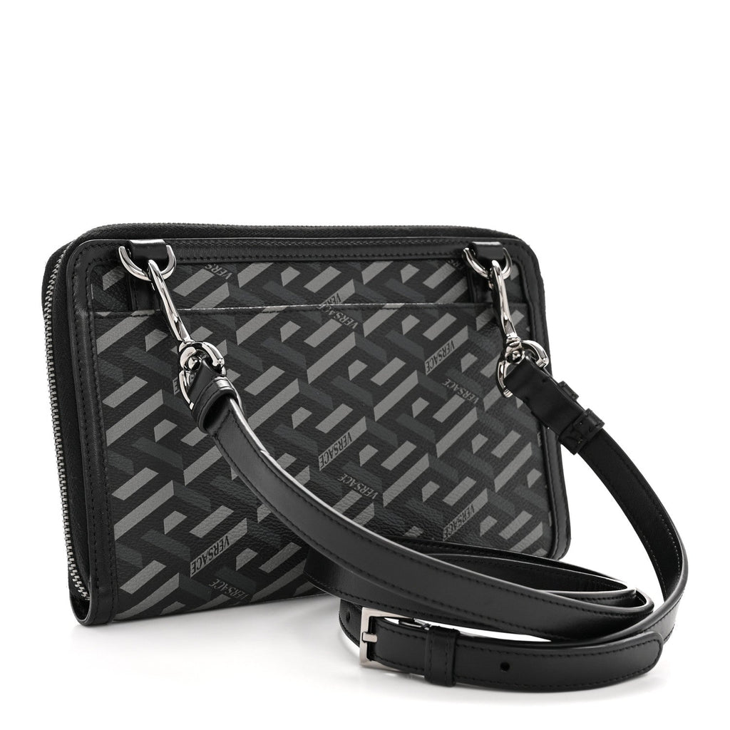 Coated Canvas La Greca Signature  Black Gray