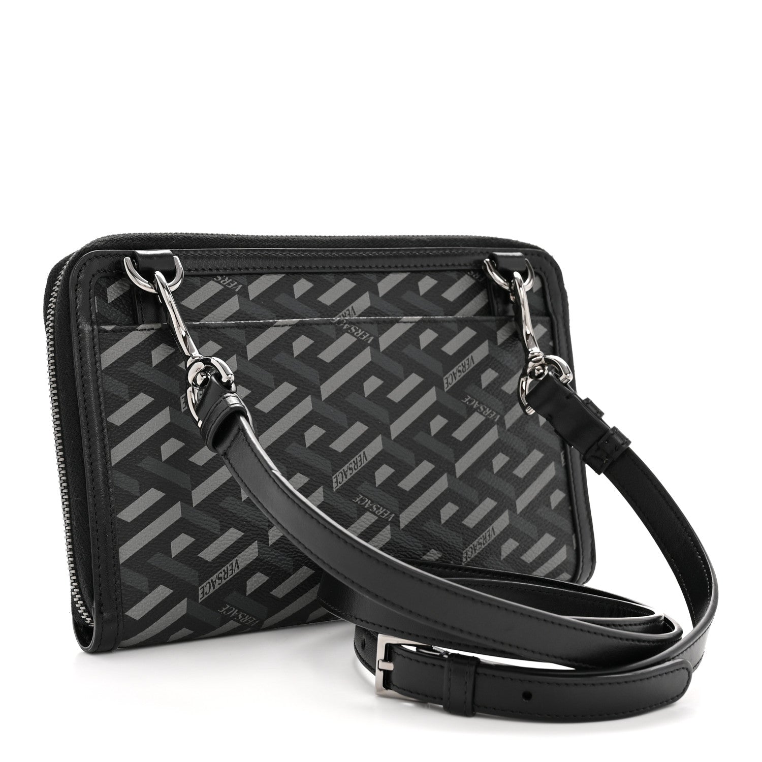 Coated Canvas La Greca Signature  Black Gray