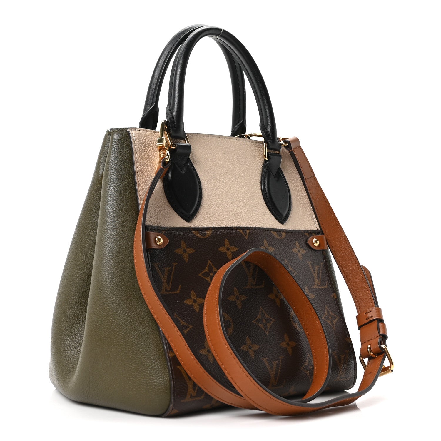 Calfskin Monogram Fold Tote Black Khaki Cream
