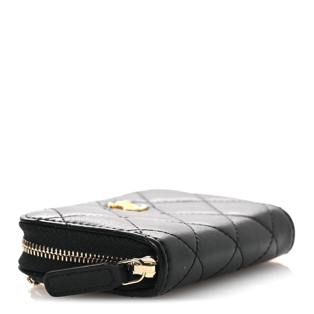 Lambskin Quilted CC Pearl Crush Zip  Holder On Chain Black