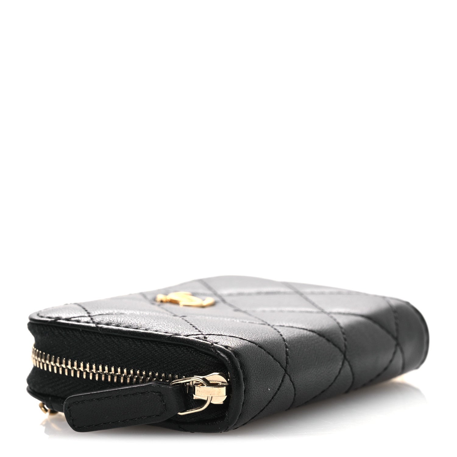 Lambskin Quilted CC Pearl Crush Zip  Holder On Chain Black