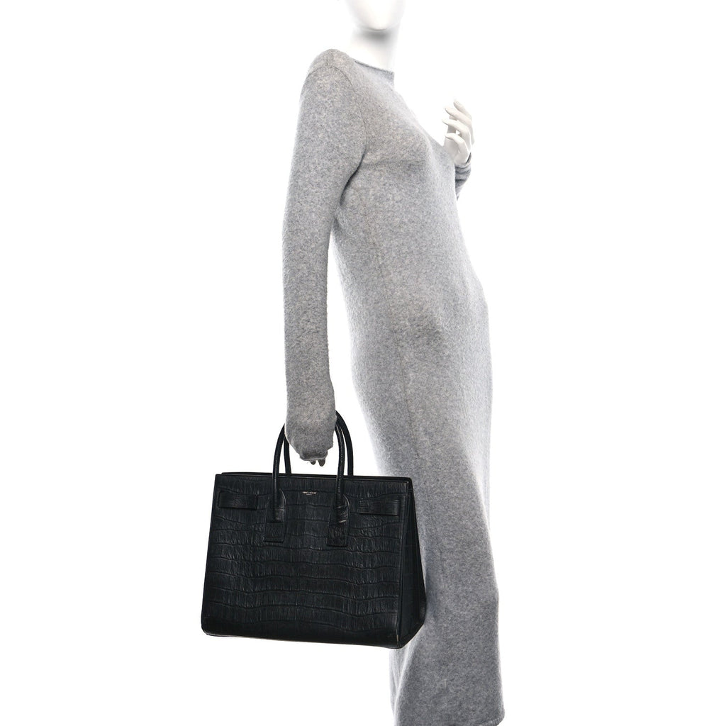 Calfskin Crocodile Embossed Large Sac De Jour Carryall Black