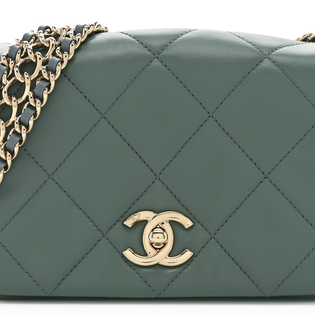 Lambskin Quilted Mini Chain Rows Flap  Green