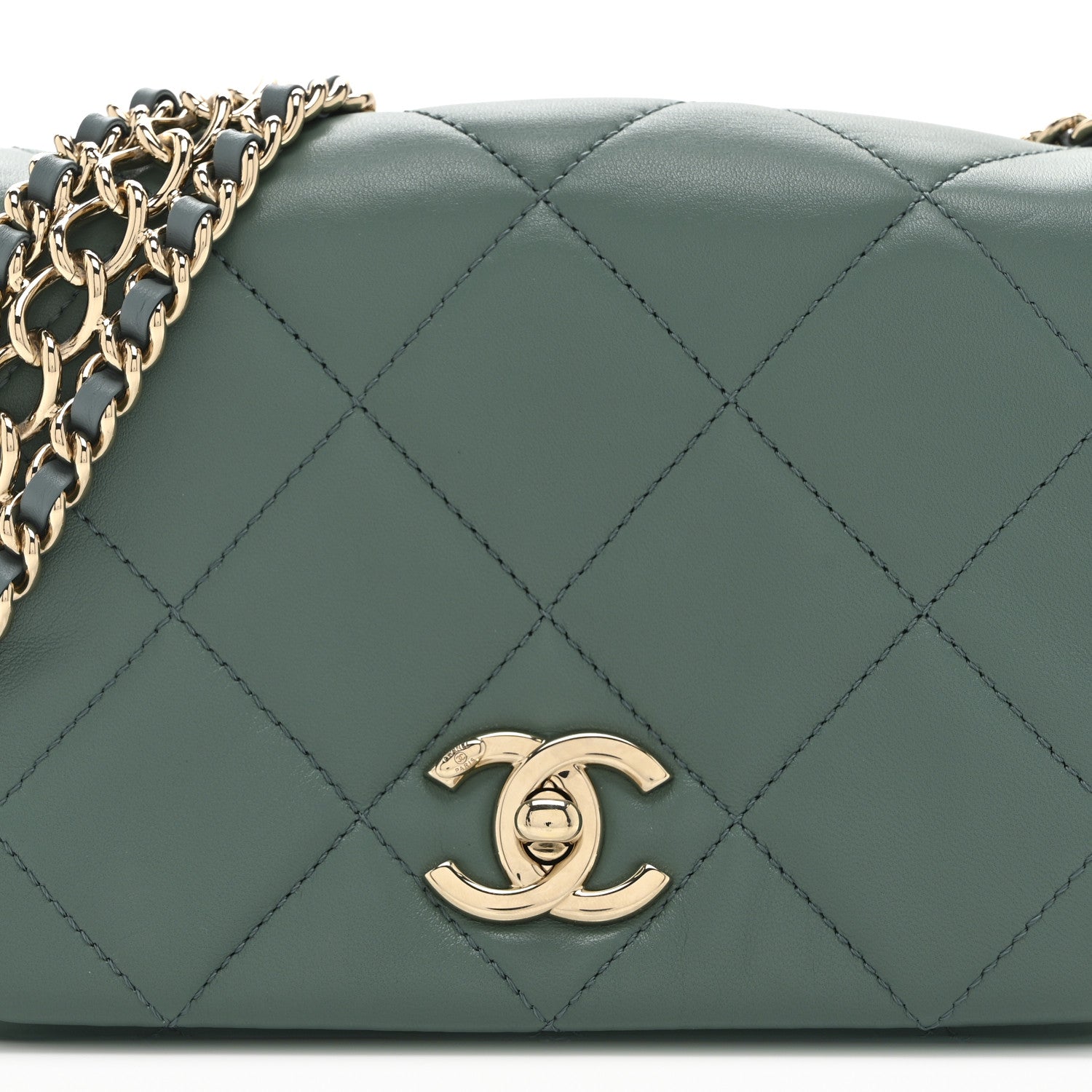 Lambskin Quilted Mini Chain Rows Flap  Green