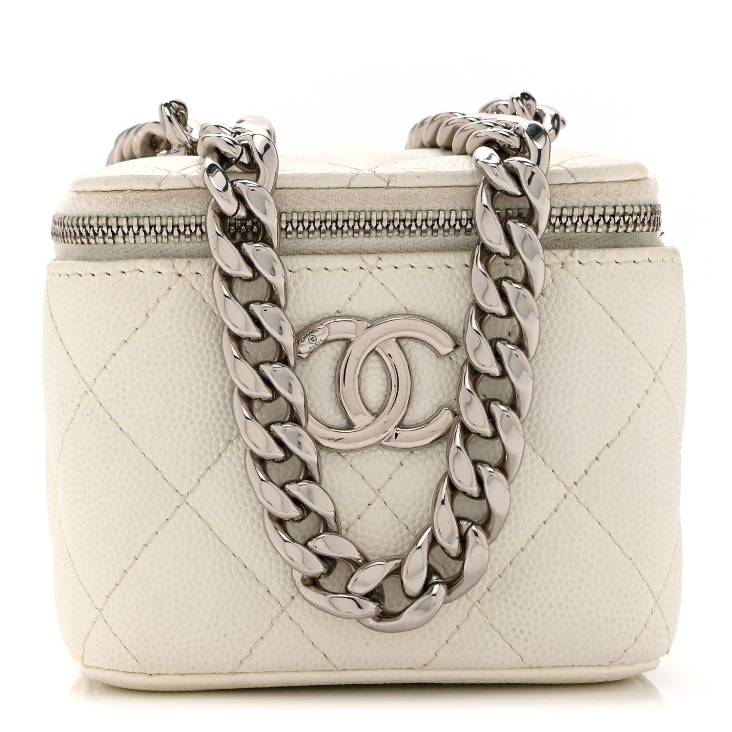 Caviar Quilted Enamel Coco Mini Vanity Case With Chain White