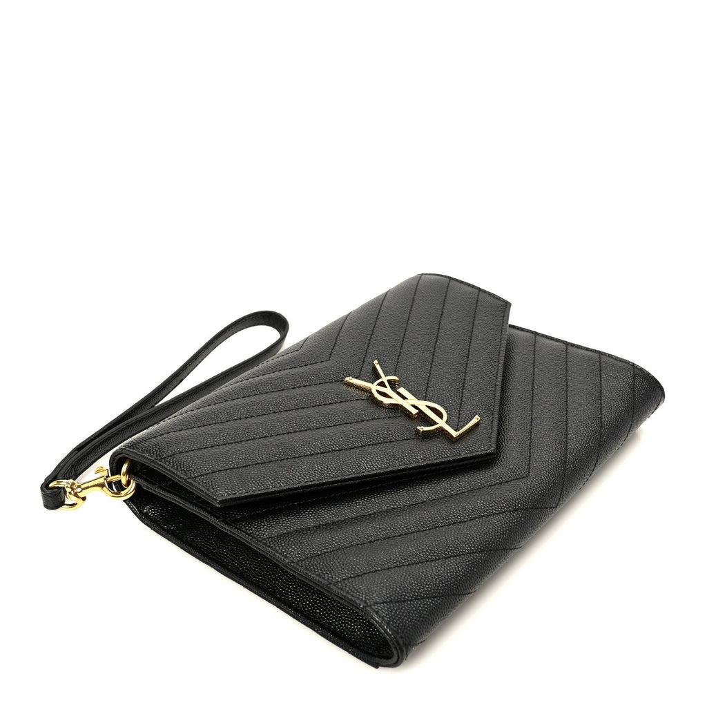 Grain De Poudre Matelasse Chevron Monogram Cassandre Flap Pouch Black