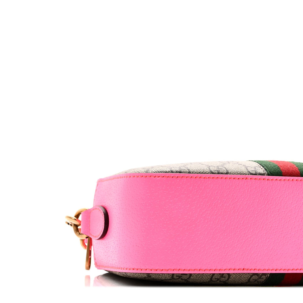 GG Supreme Monogram Textured Dollar Calfskin Web Ophidia Small Crossbody Bag Beige Ebony Fuchsia